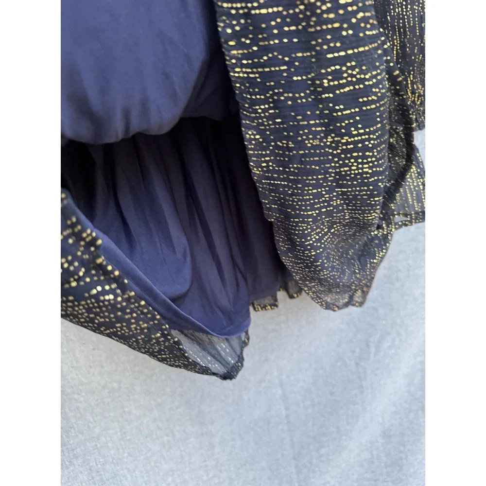 Aqua Metallic Puff Sleeve Mini Dress Small Navy Blue Gold Dot NYE Smocked - Picture 5 of 8